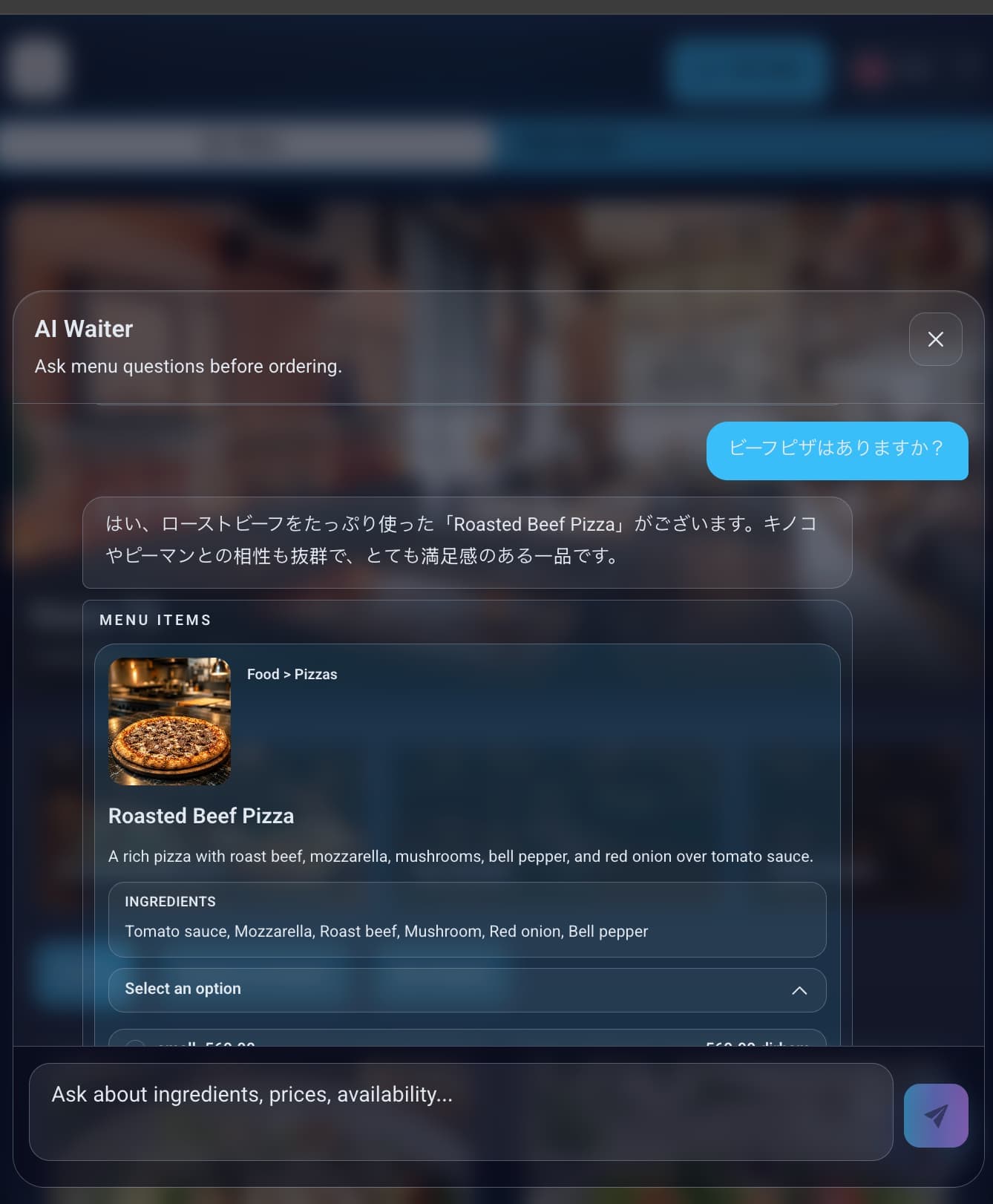 Japonca AI Garson arayuzu ve urun karti